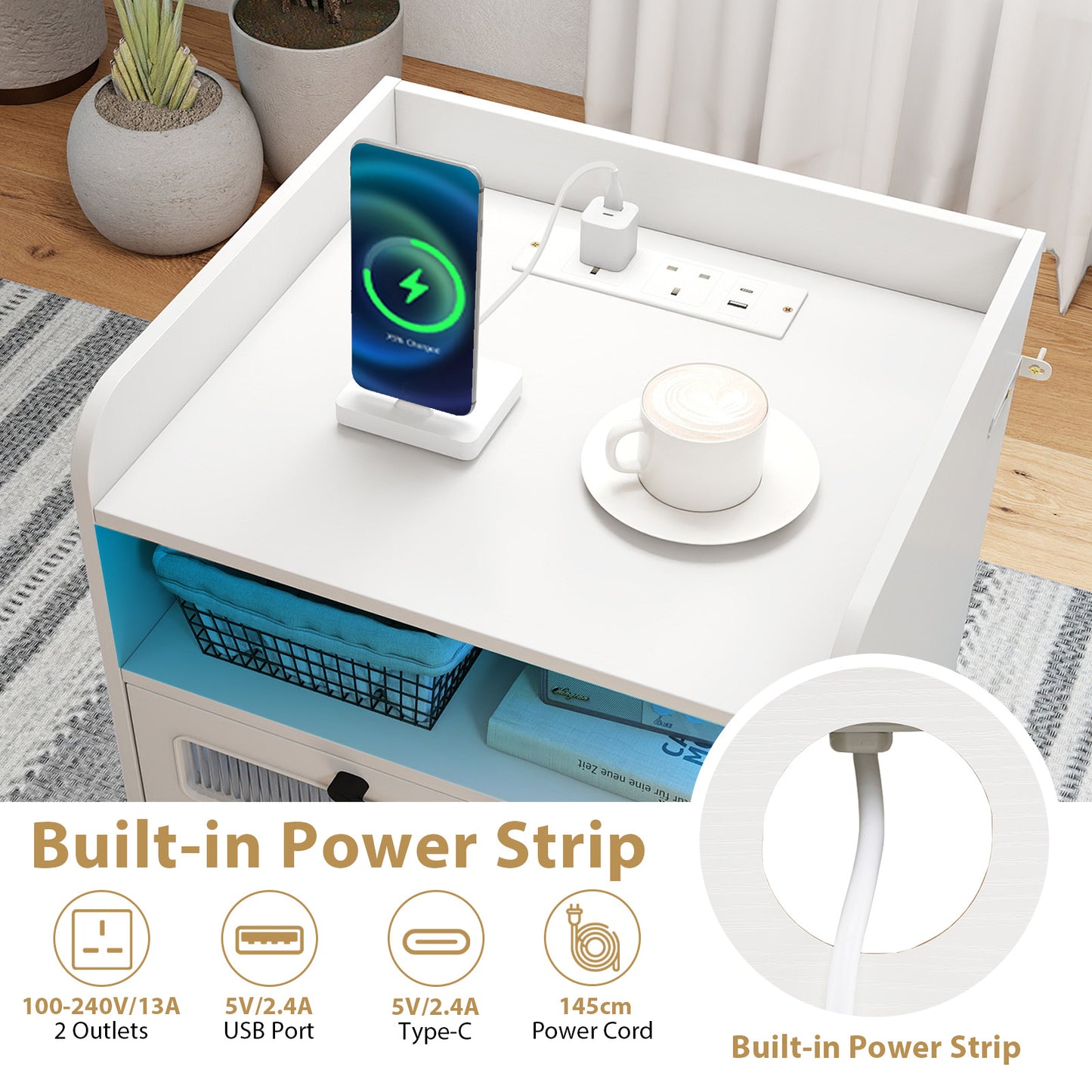Set of 2 Mid Century Nightstand Modern Bedside Table with Charging Station-White