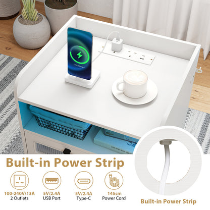 Set of 2 Mid Century Nightstand Modern Bedside Table with Charging Station-White