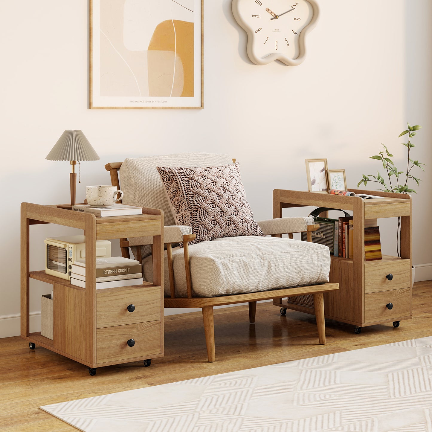 Set of 2 Modern 2-Drawer Sofa Side Table with Open Shelves-Natural