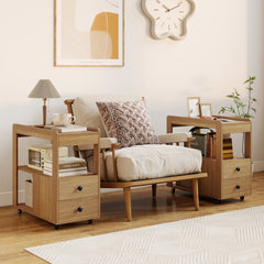 Set of 2 Modern 2-Drawer Sofa Side Table with Open Shelves-Natural