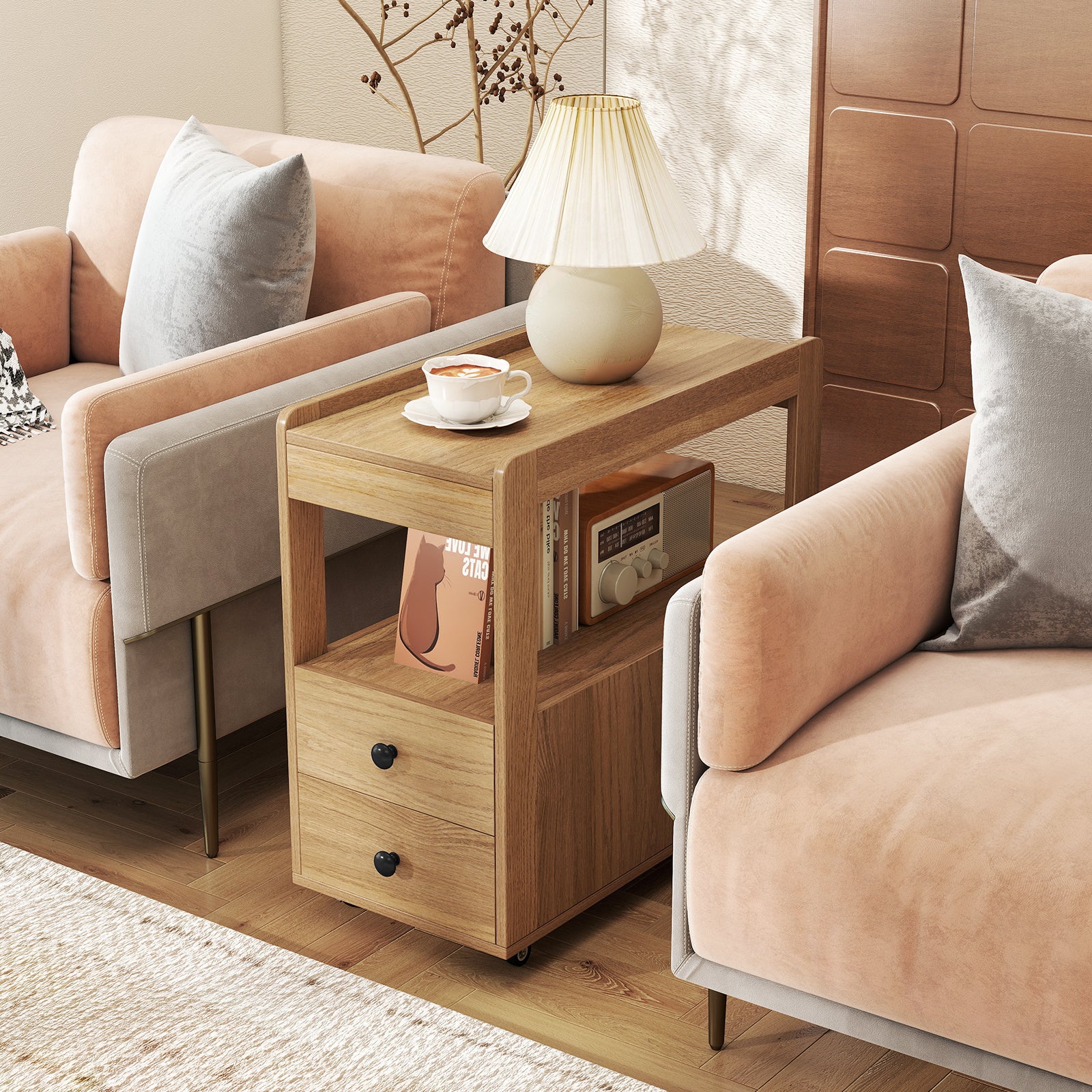Set of 2 Modern 2-Drawer Sofa Side Table with Open Shelves-Natural