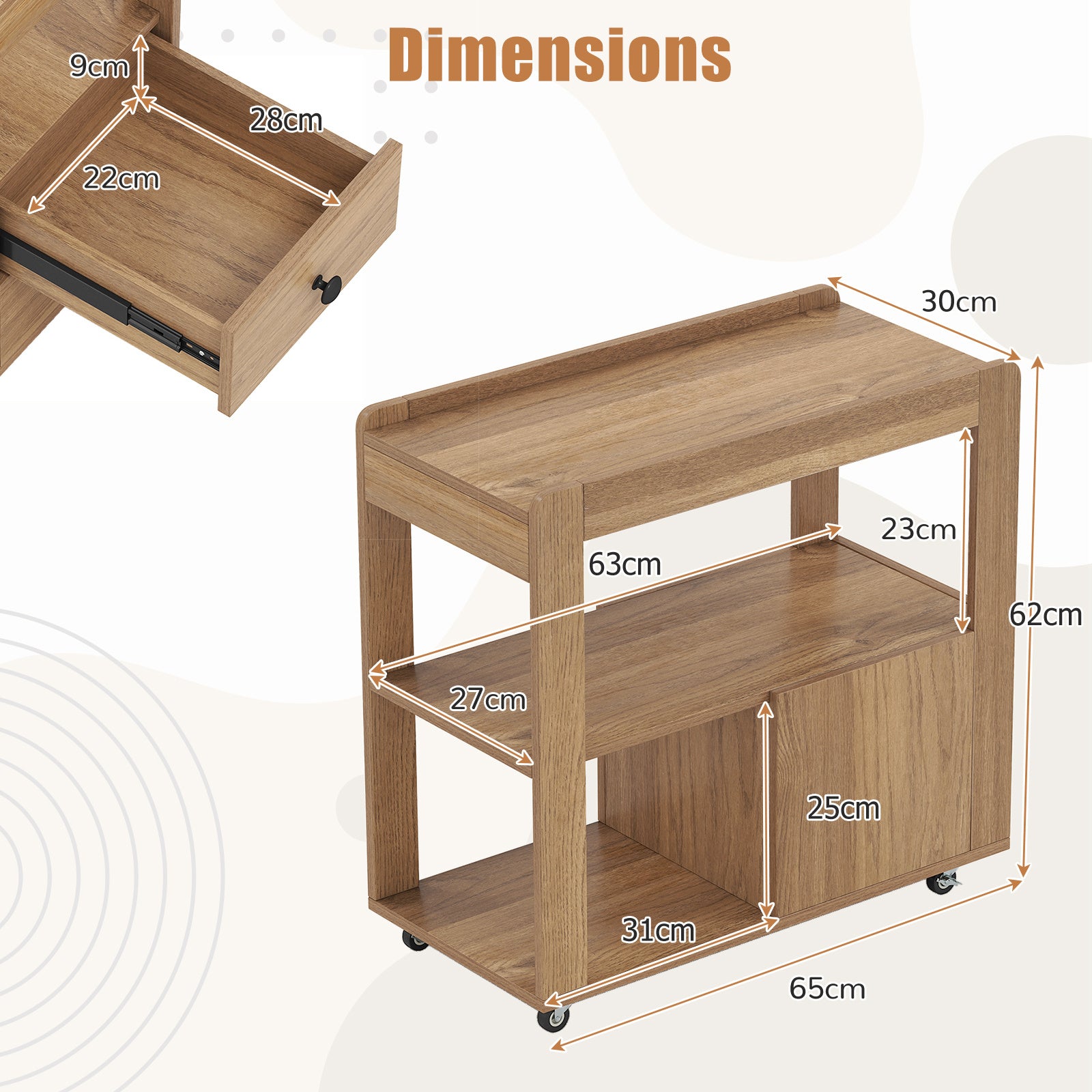 Set of 2 Modern 2-Drawer Sofa Side Table with Open Shelves-Natural