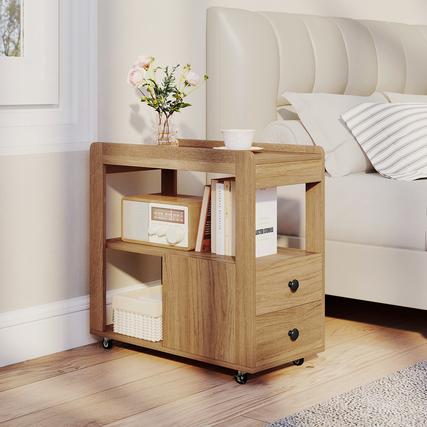 Set of 2 Modern 2-Drawer Sofa Side Table with Open Shelves-Natural