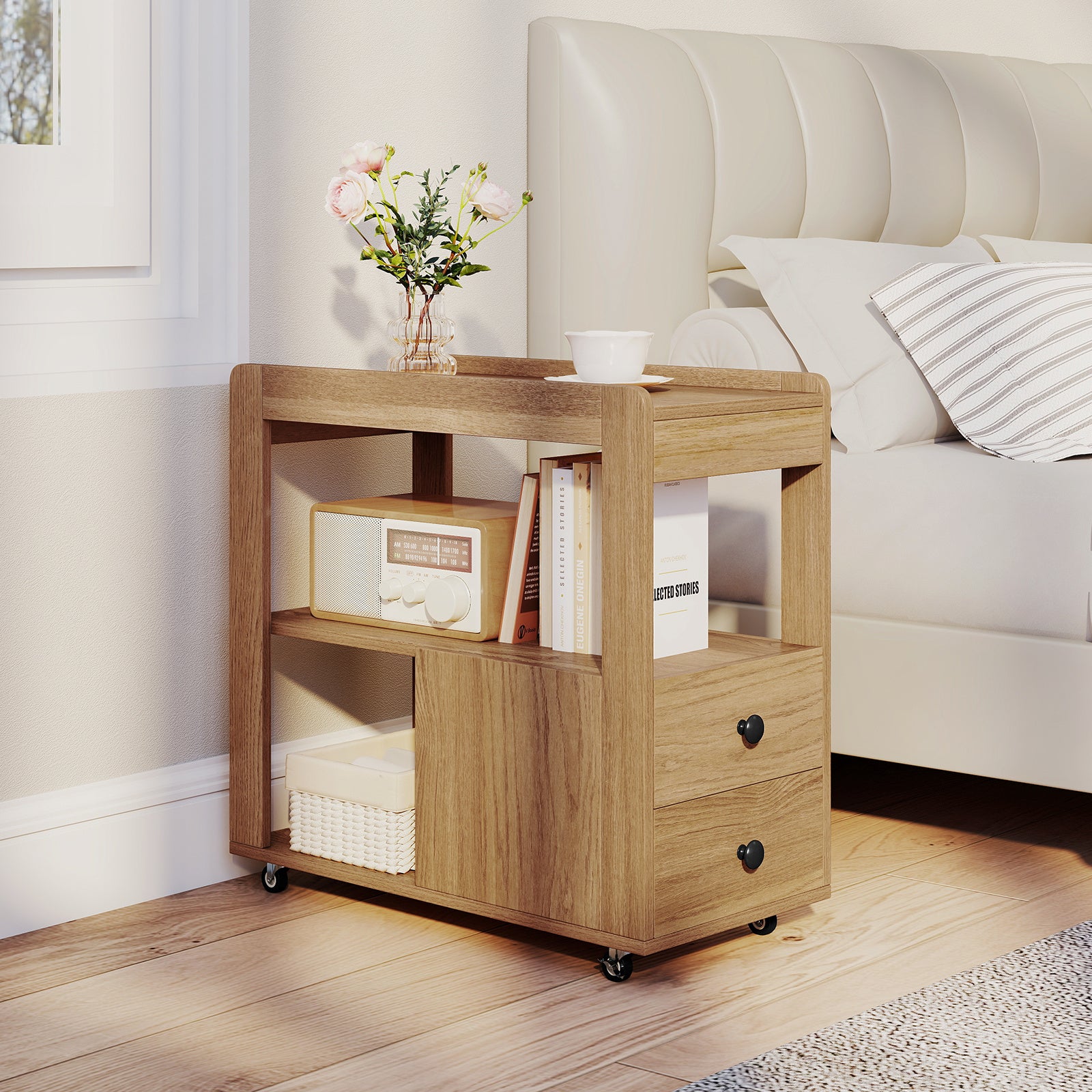 Set of 2 Modern 2-Drawer Sofa Side Table with Open Shelves-Natural