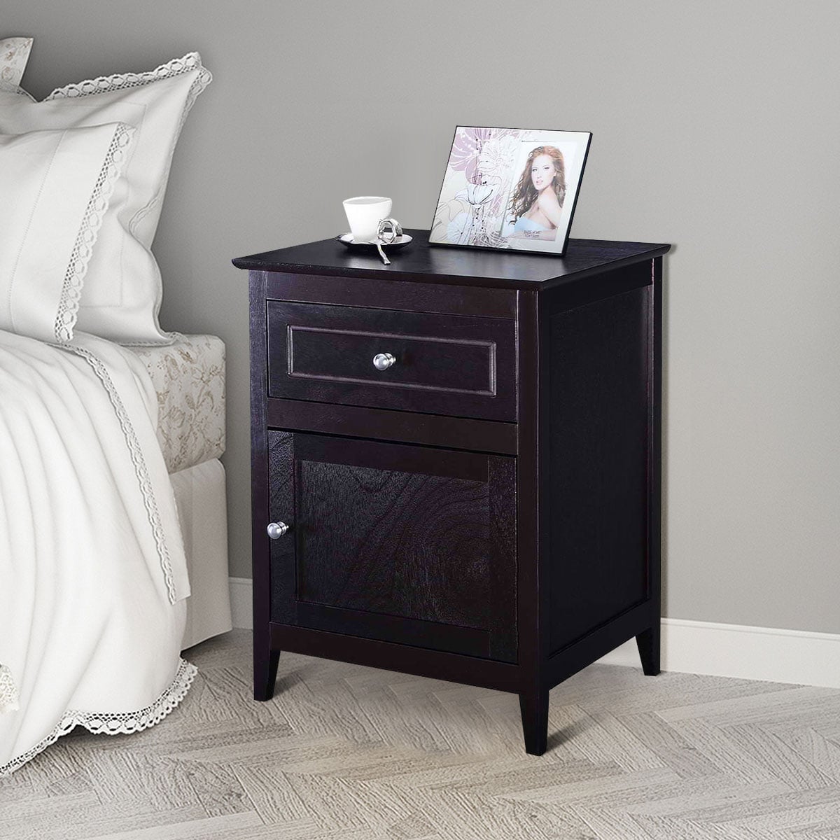 Set of 2 Modern Nightstand with Drawer and Cabinet-Espresso
