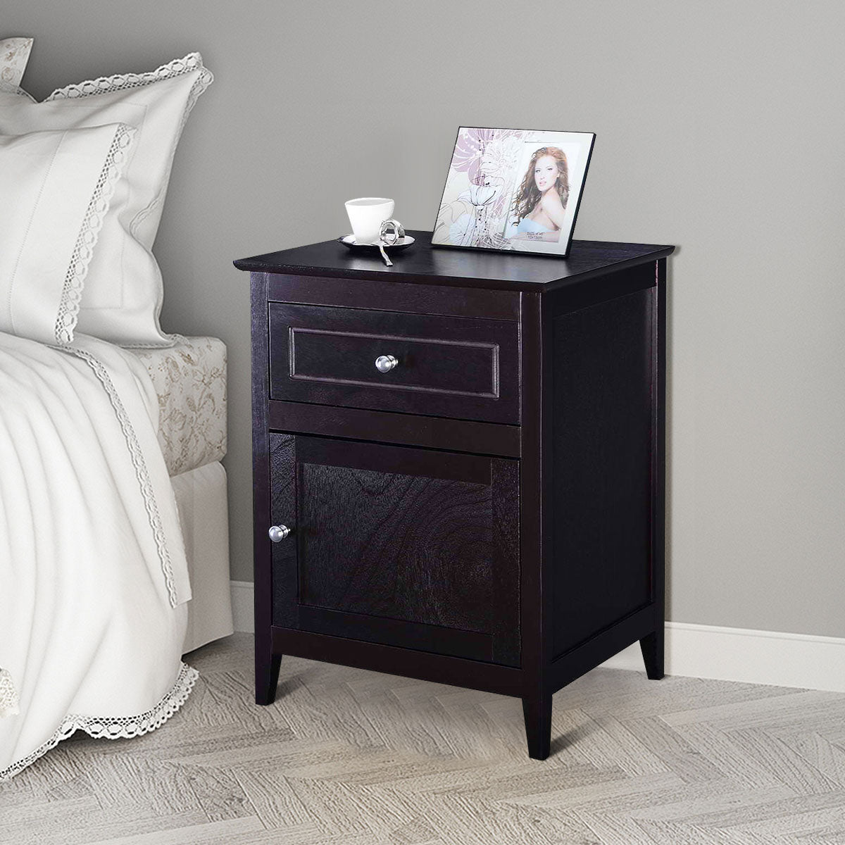 Set of 2 Modern Nightstand with Drawer and Cabinet-Espresso