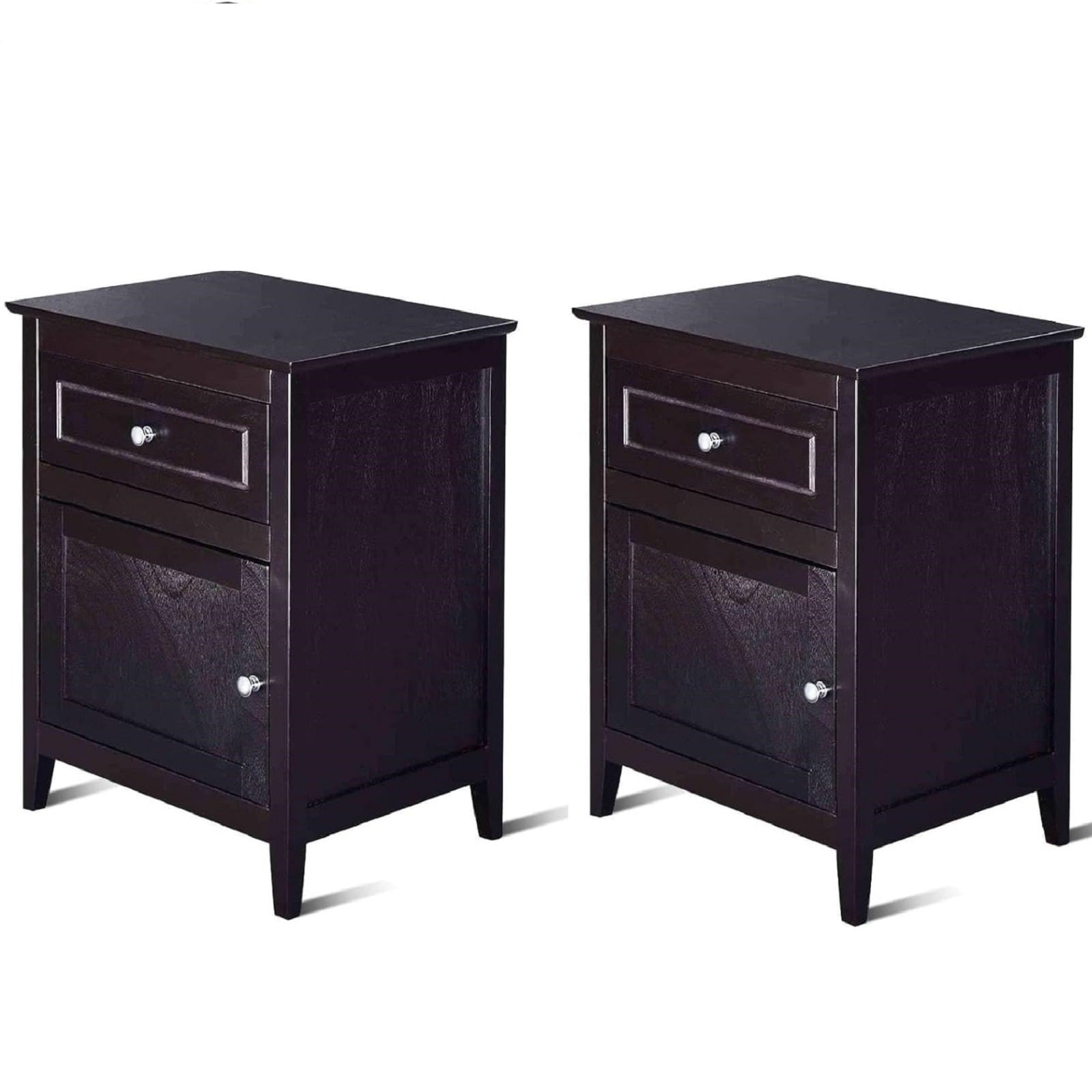 Set of 2 Modern Nightstand with Drawer and Cabinet-Espresso