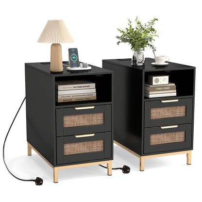 Set of 2 Narrow End Table with Charging Station Rattan Nightstand with 2 Drawers-Black