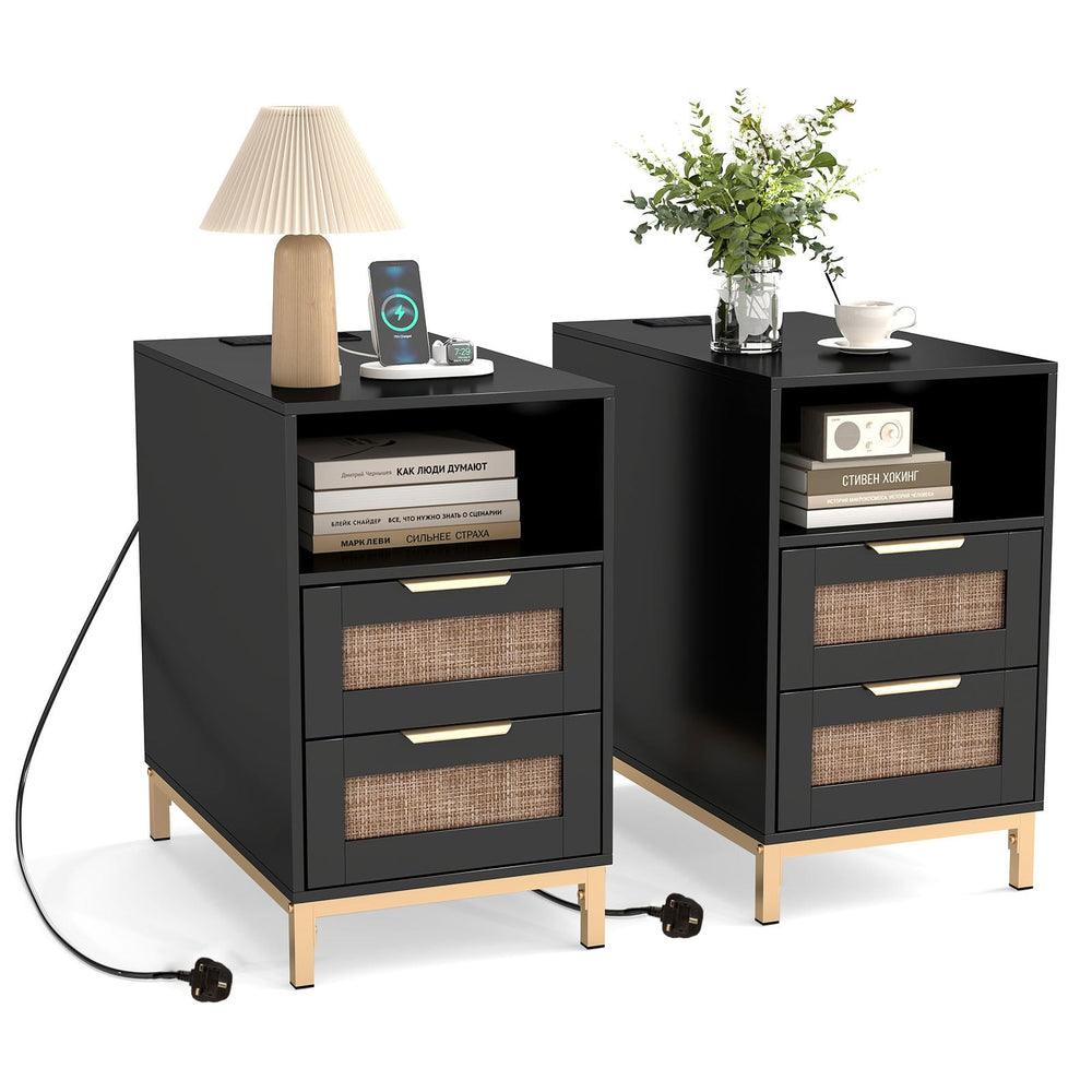 Set of 2 Narrow End Table with Charging Station Rattan Nightstand with 2 Drawers-Black