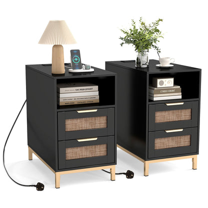 Set of 2 Narrow End Table with Charging Station Rattan Nightstand with 2 Drawers-Black