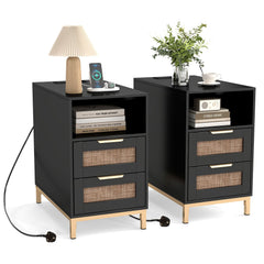 Set of 2 Narrow End Table with Charging Station Rattan Nightstand with 2 Drawers-Black