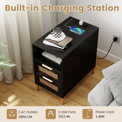 Set of 2 Narrow End Table with Charging Station Rattan Nightstand with 2 Drawers-Black