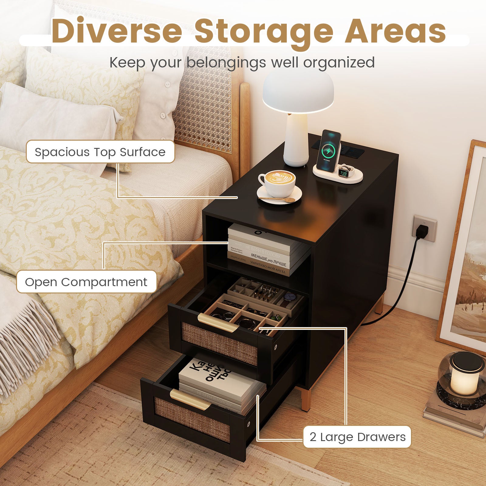 Set of 2 Narrow End Table with Charging Station Rattan Nightstand with 2 Drawers-Black