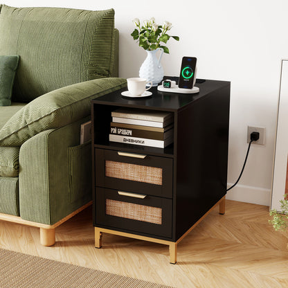 Set of 2 Narrow End Table with Charging Station Rattan Nightstand with 2 Drawers-Black