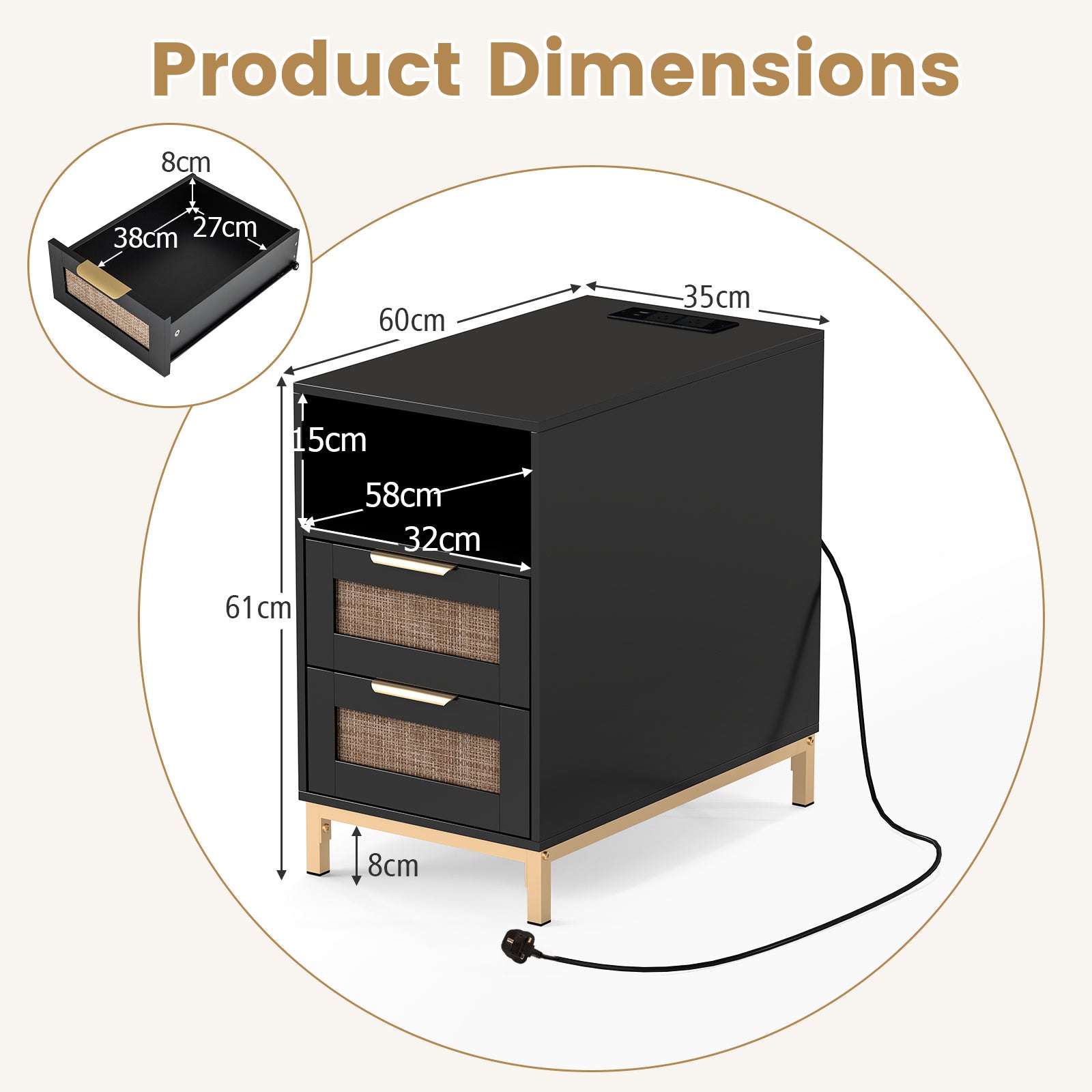 Set of 2 Narrow End Table with Charging Station Rattan Nightstand with 2 Drawers-Black