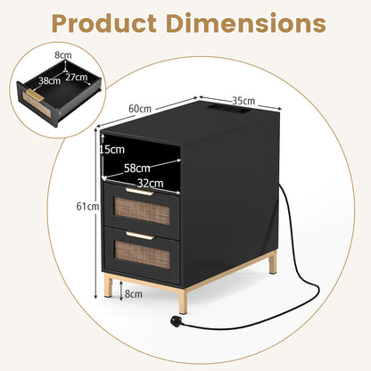 Set of 2 Narrow End Table with Charging Station Rattan Nightstand with 2 Drawers-Black