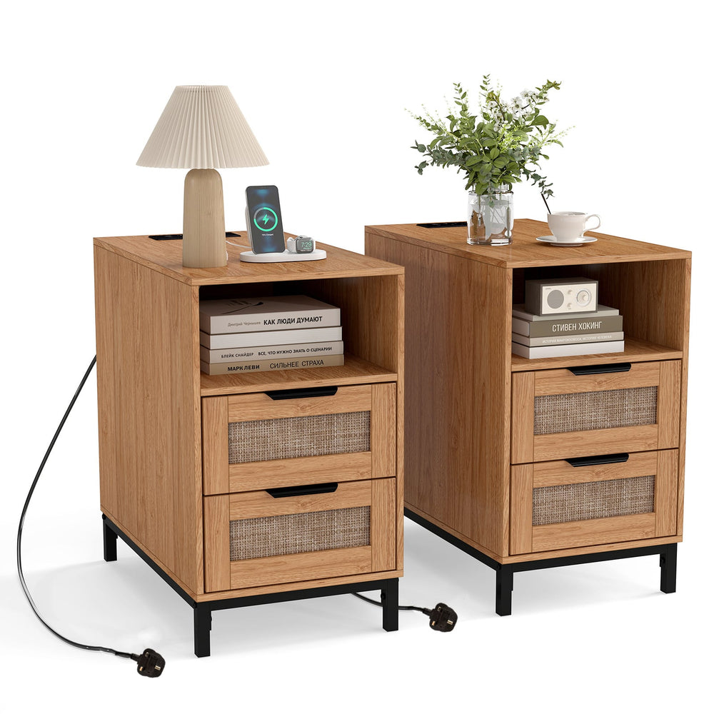 Set of 2 Narrow End Table with Charging Station Rattan Nightstand with 2 Drawers-Natural