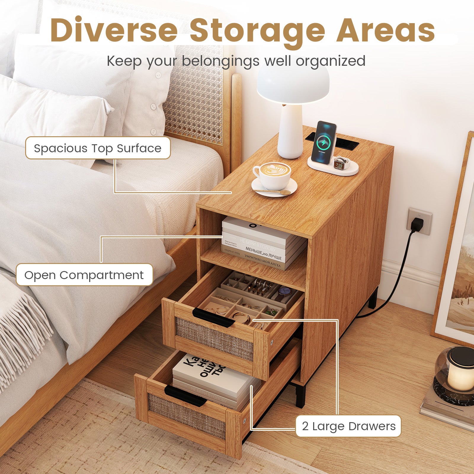 Set of 2 Narrow End Table with Charging Station Rattan Nightstand with 2 Drawers-Natural
