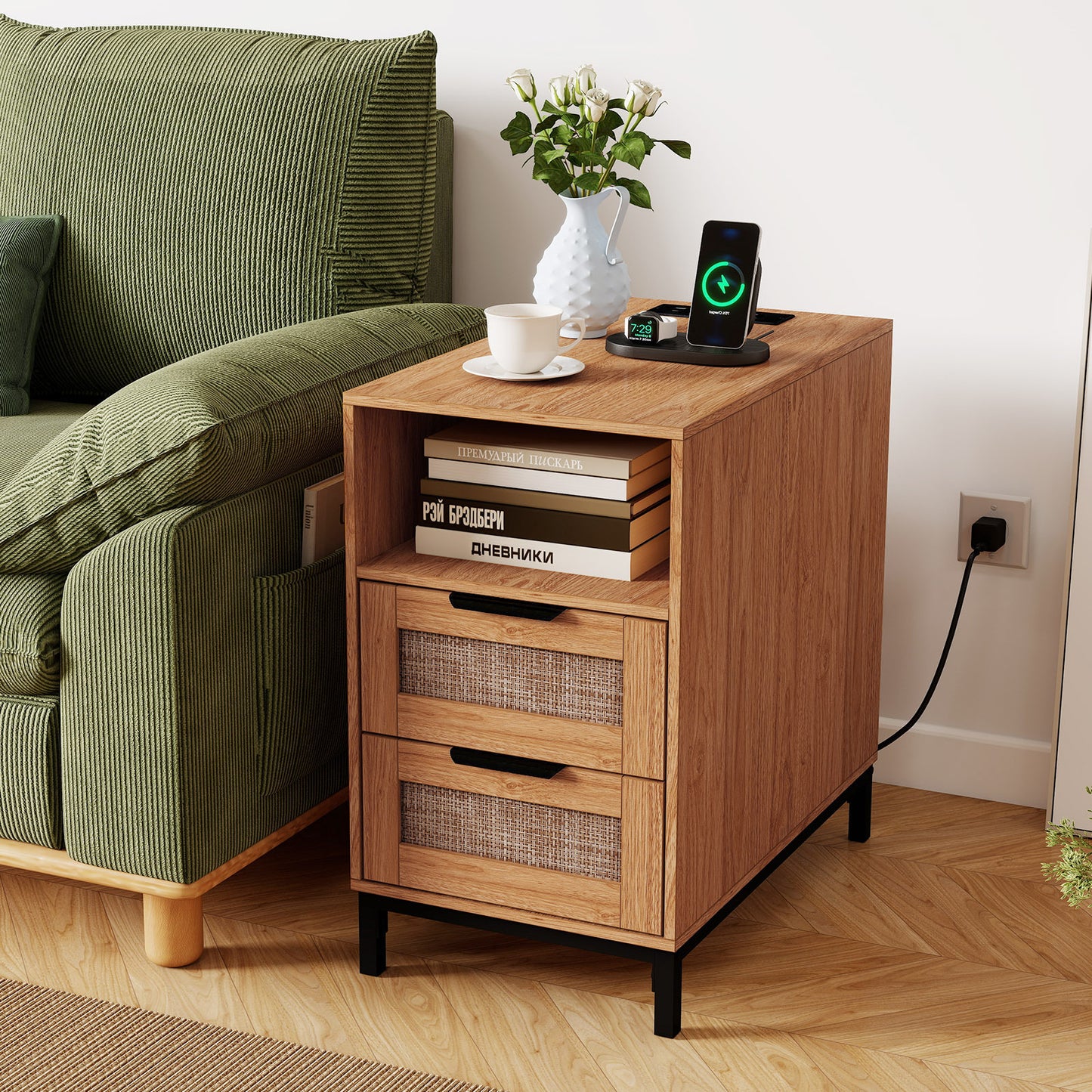 Set of 2 Narrow End Table with Charging Station Rattan Nightstand with 2 Drawers-Natural