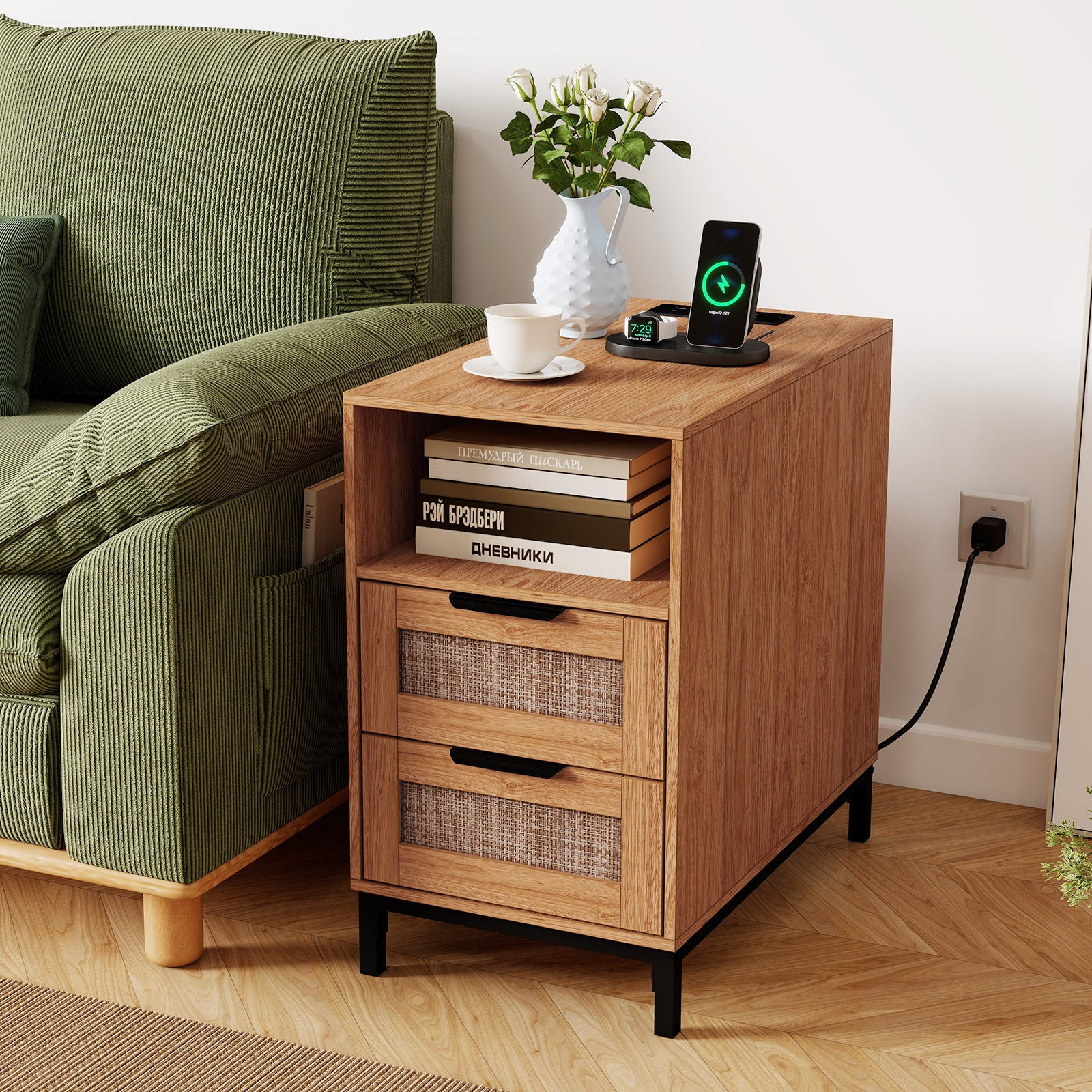 Set of 2 Narrow End Table with Charging Station Rattan Nightstand with 2 Drawers-Natural