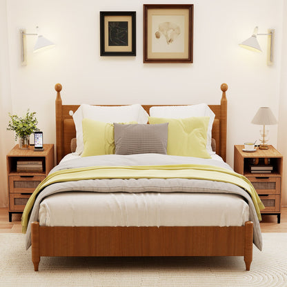 Set of 2 Narrow End Table with Charging Station Rattan Nightstand with 2 Drawers-Natural