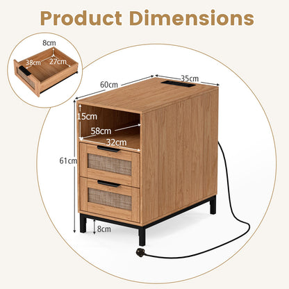 Set of 2 Narrow End Table with Charging Station Rattan Nightstand with 2 Drawers-Natural