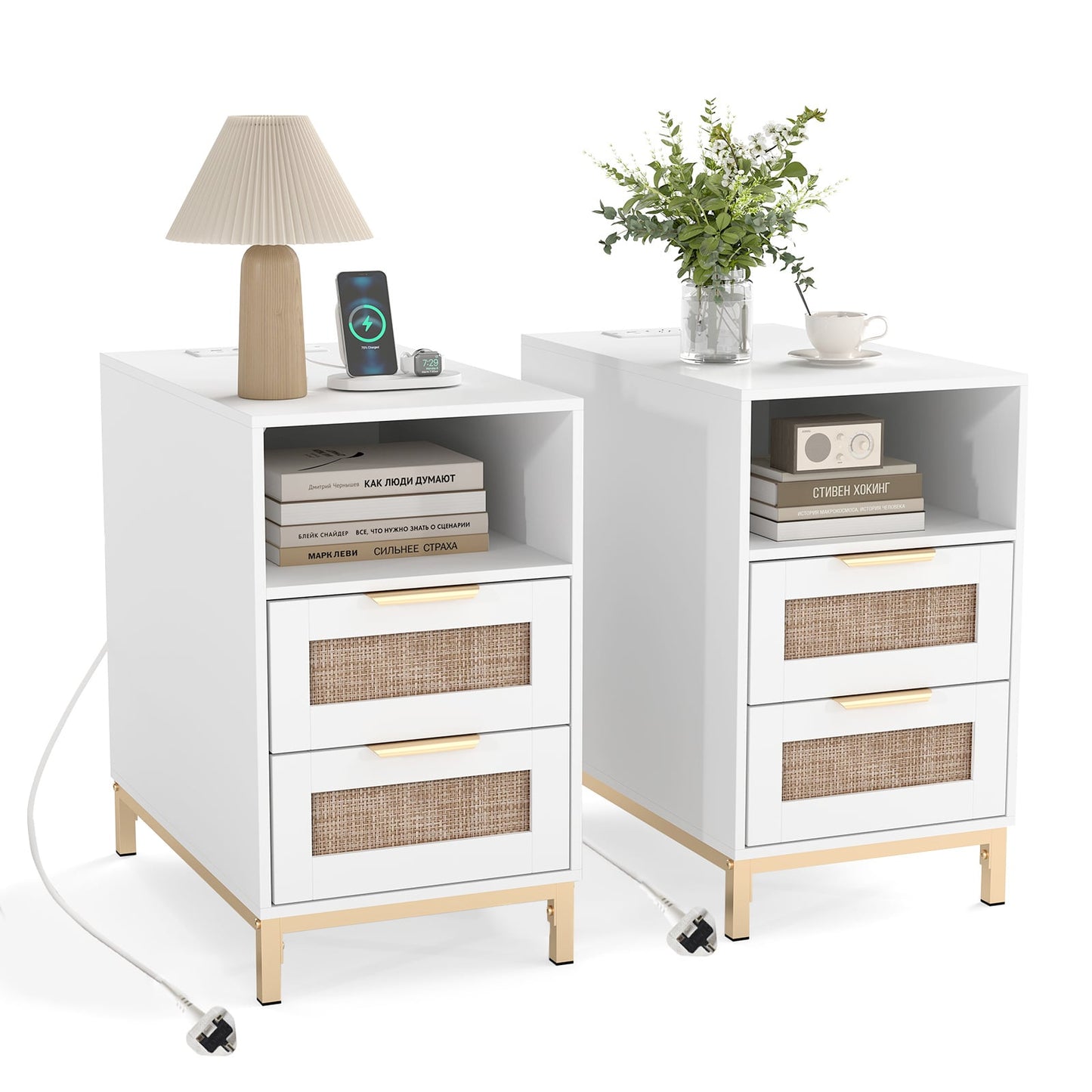Set of 2 Narrow End Table with Charging Station Rattan Nightstand with 2 Drawers-White