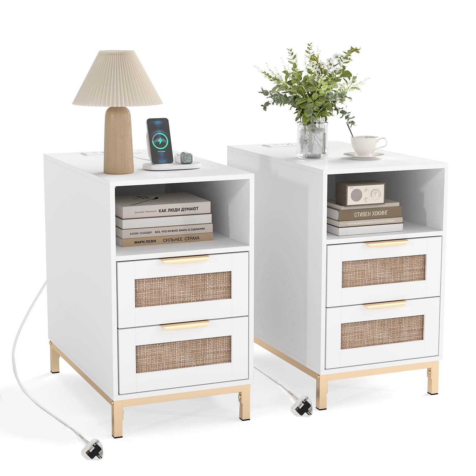 Set of 2 Narrow End Table with Charging Station Rattan Nightstand with 2 Drawers-White