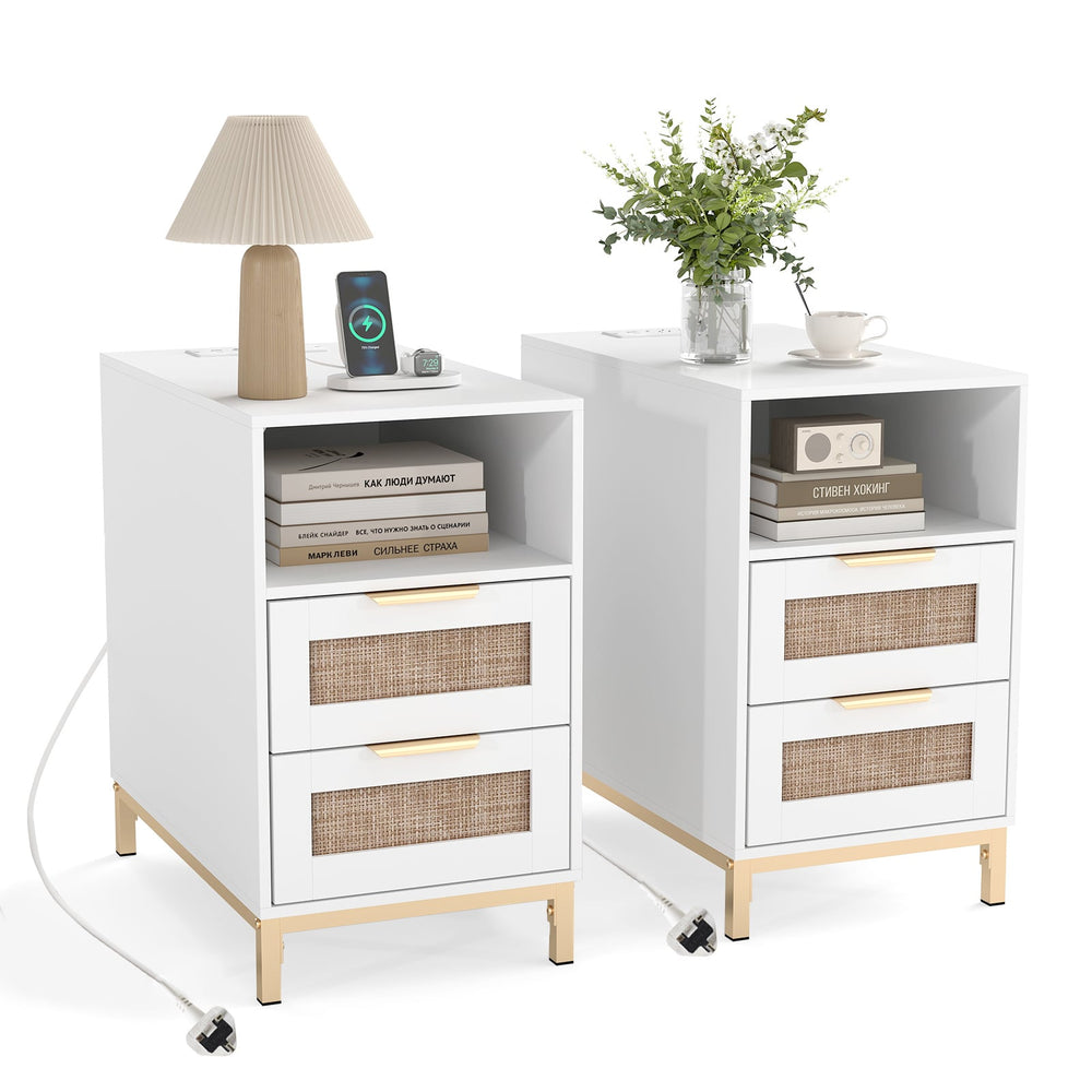 Set of 2 Narrow End Table with Charging Station Rattan Nightstand with 2 Drawers-White