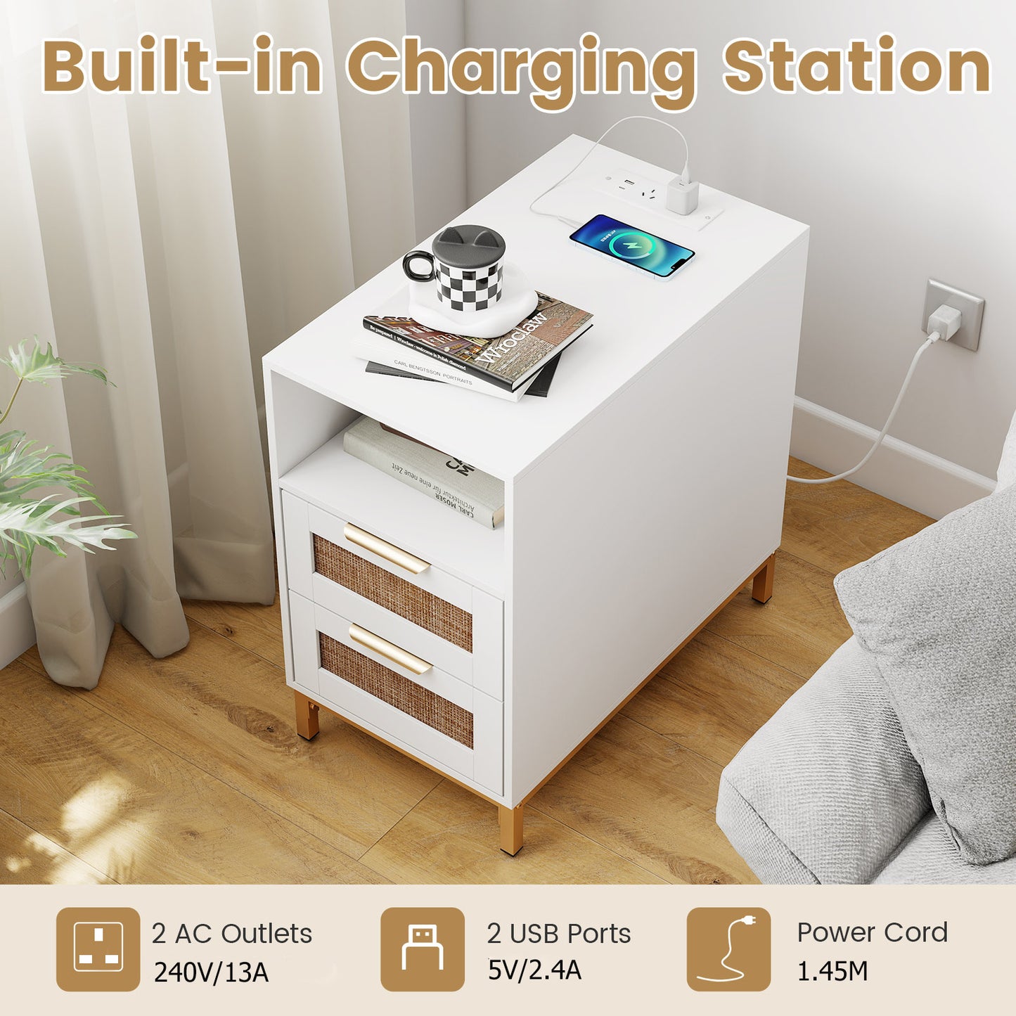Set of 2 Narrow End Table with Charging Station Rattan Nightstand with 2 Drawers-White