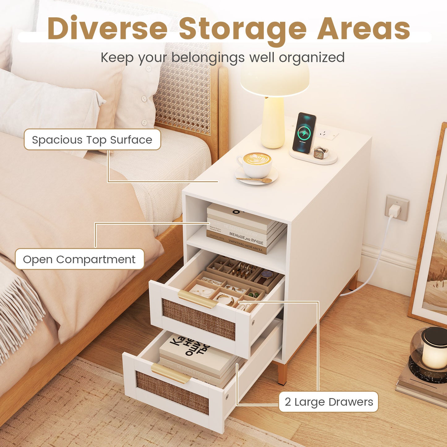 Set of 2 Narrow End Table with Charging Station Rattan Nightstand with 2 Drawers-White