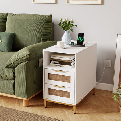 Set of 2 Narrow End Table with Charging Station Rattan Nightstand with 2 Drawers-White