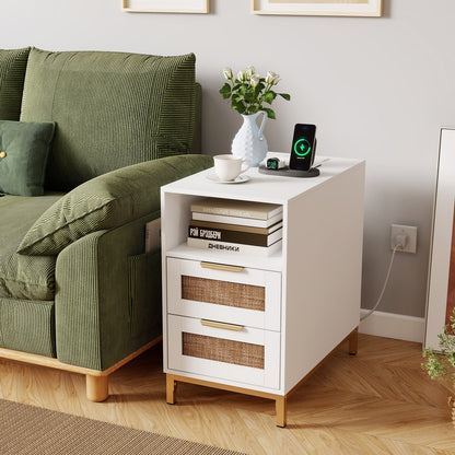 Set of 2 Narrow End Table with Charging Station Rattan Nightstand with 2 Drawers-White