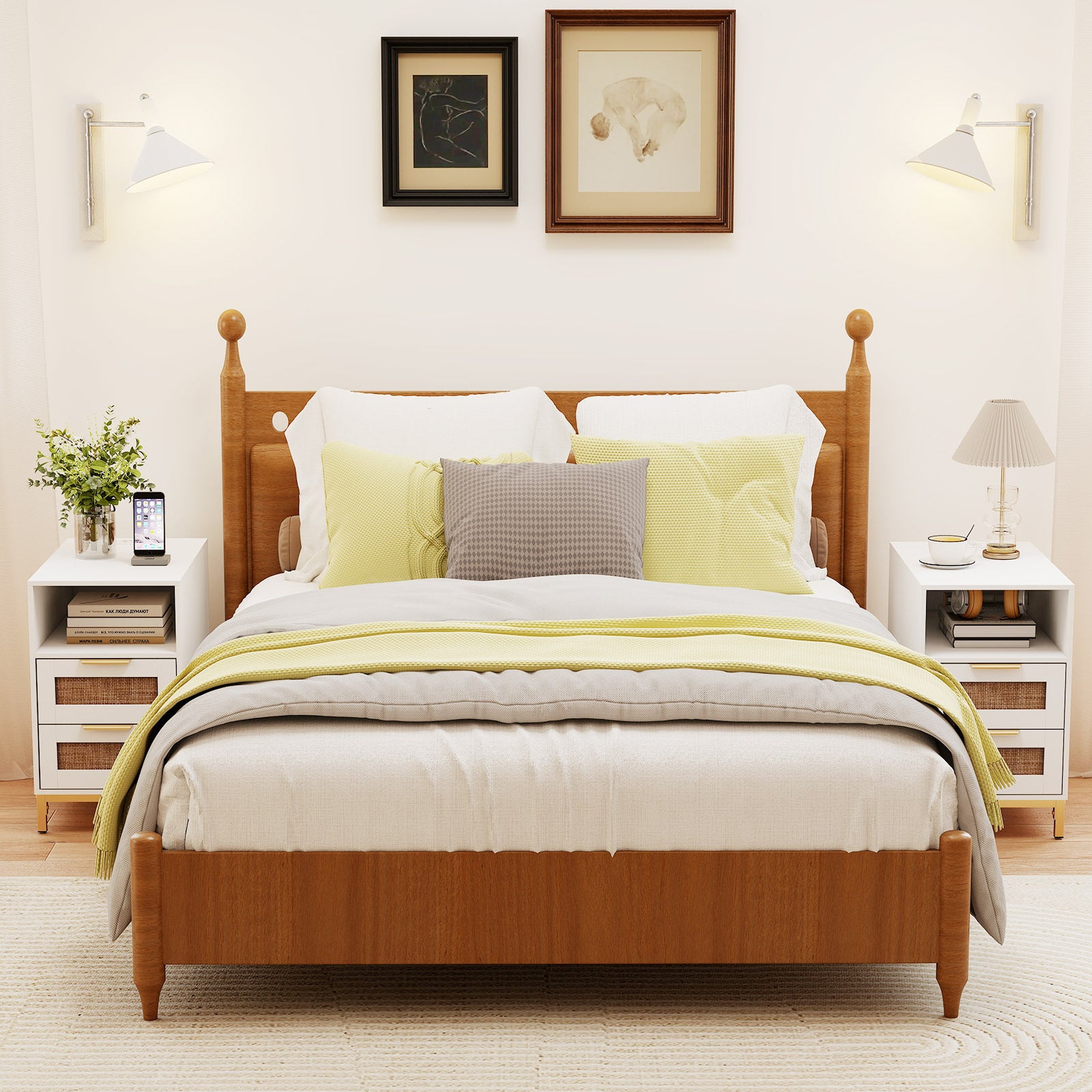 Set of 2 Narrow End Table with Charging Station Rattan Nightstand with 2 Drawers-White