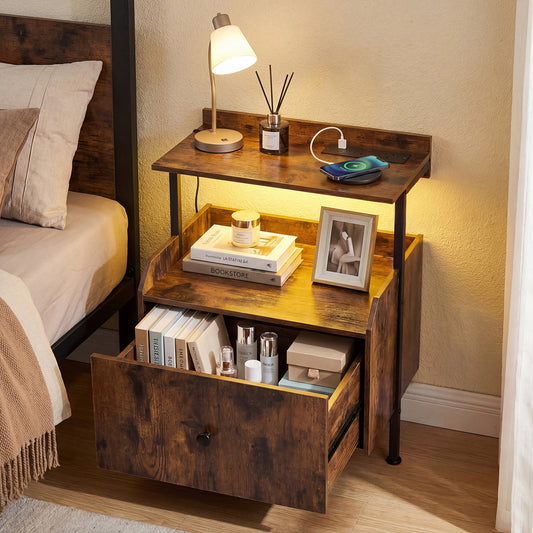 Set of 2 Nightstand Bedside Table with Charging Station-Rustic Brown