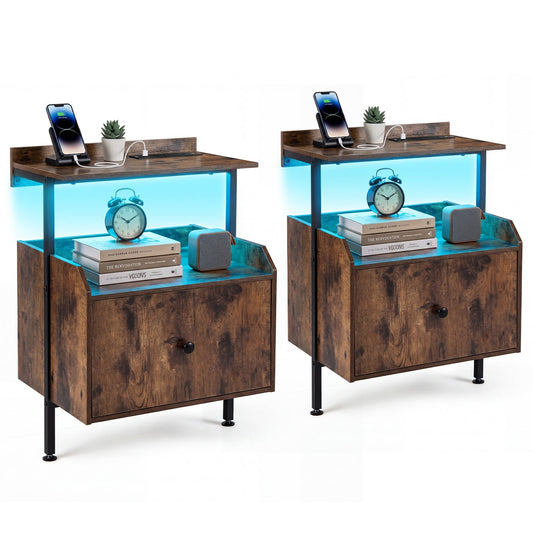 Set of 2 Nightstand Bedside Table with Charging Station-Rustic Brown