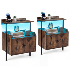 Set of 2 Nightstand Bedside Table with Charging Station-Rustic Brown