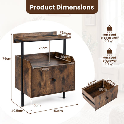 Set of 2 Nightstand Bedside Table with Charging Station-Rustic Brown