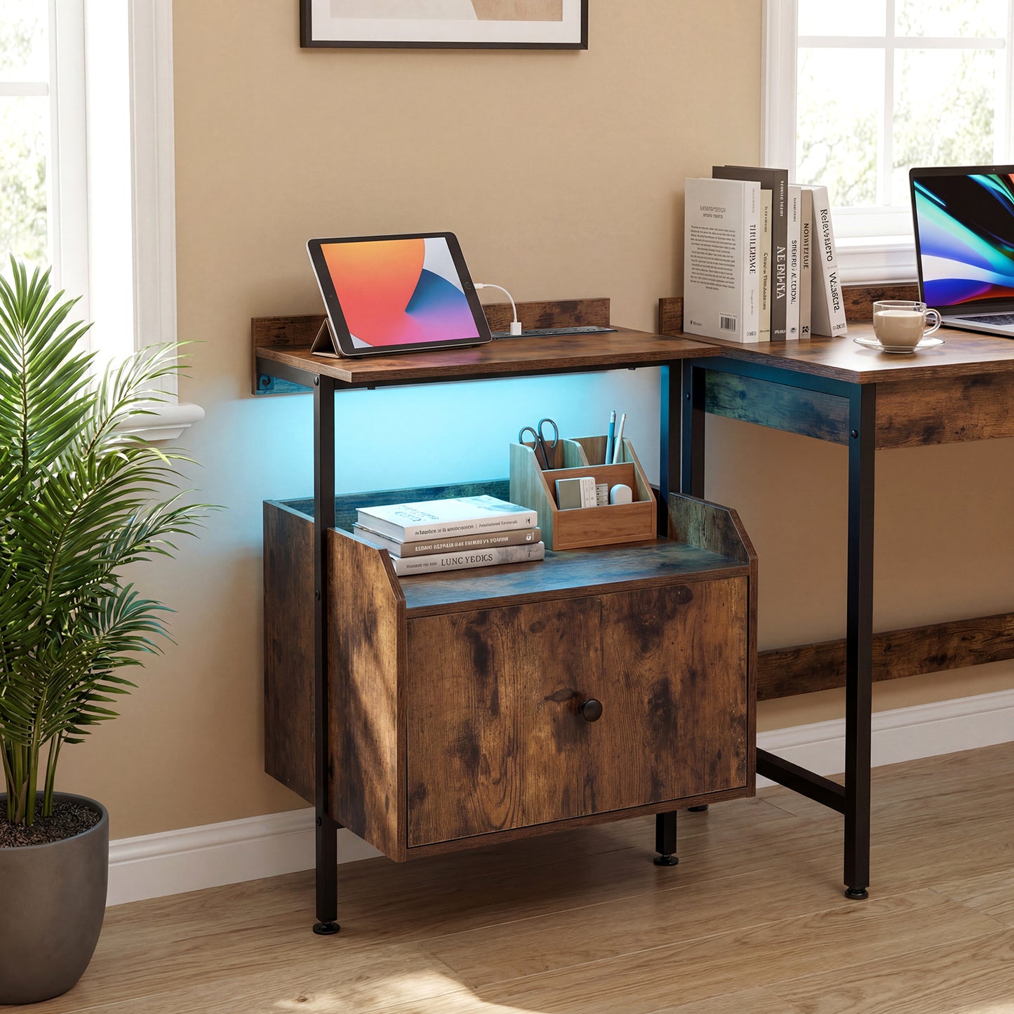 Set of 2 Nightstand Bedside Table with Charging Station-Rustic Brown
