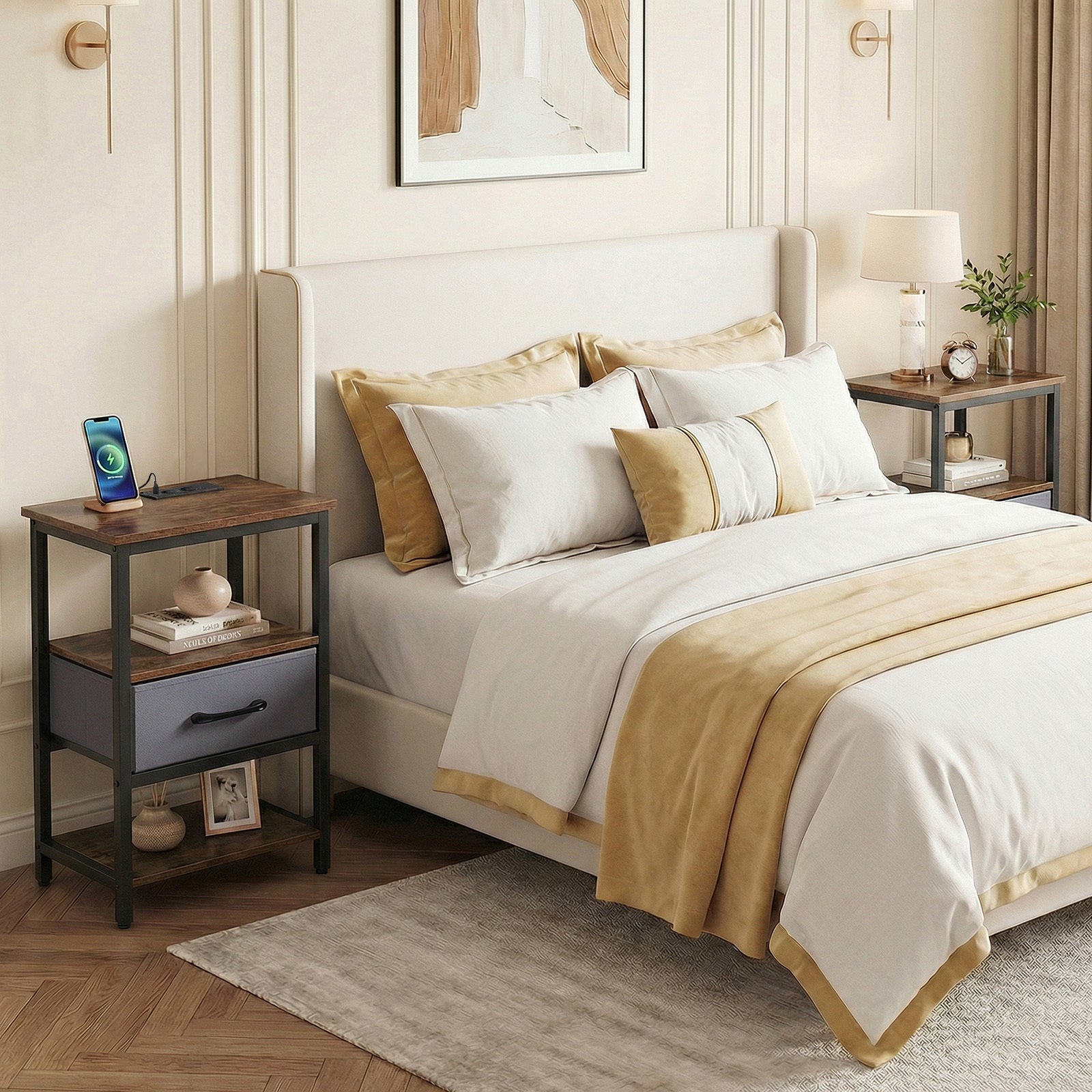 Set of 2 Nightstand Bedside Table with Charging Station and Drawer-Rustic Brown