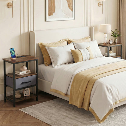Set of 2 Nightstand Bedside Table with Charging Station and Drawer-Rustic Brown