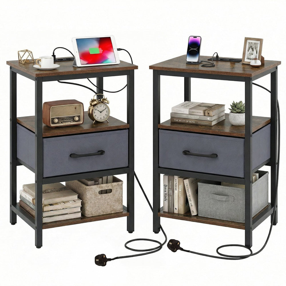 Set of 2 Nightstand Bedside Table with Charging Station and Drawer-Rustic Brown