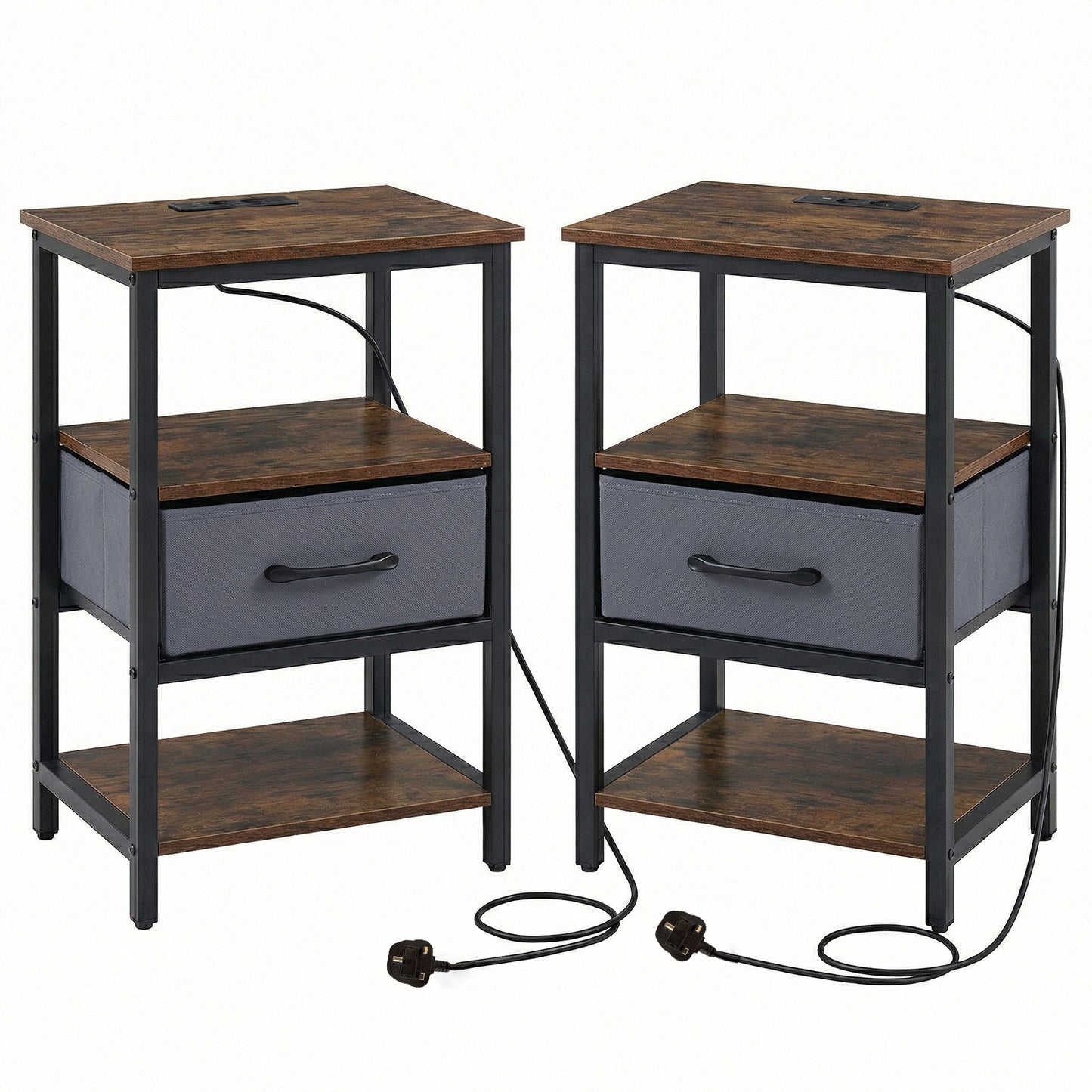 Set of 2 Nightstand Bedside Table with Charging Station and Drawer-Rustic Brown