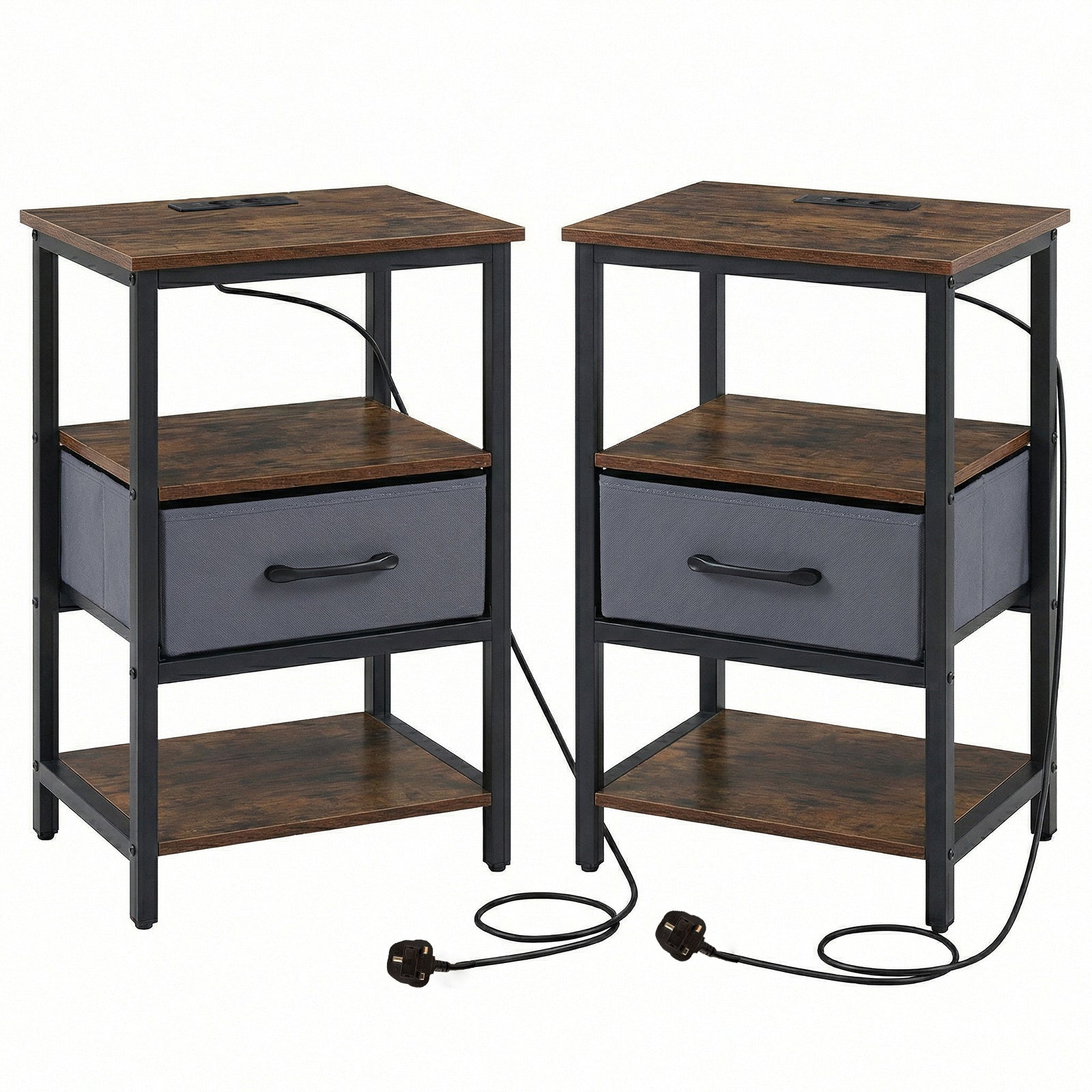 Set of 2 Nightstand Bedside Table with Charging Station and Drawer-Rustic Brown