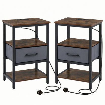 Set of 2 Nightstand Bedside Table with Charging Station and Drawer-Rustic Brown