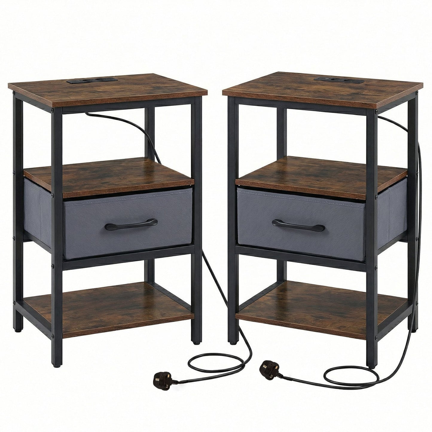 Set of 2 Nightstand Bedside Table with Charging Station and Drawer-Rustic Brown