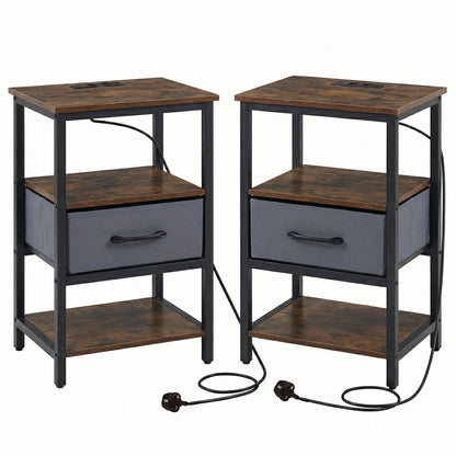 Set of 2 Nightstand Bedside Table with Charging Station and Drawer-Rustic Brown