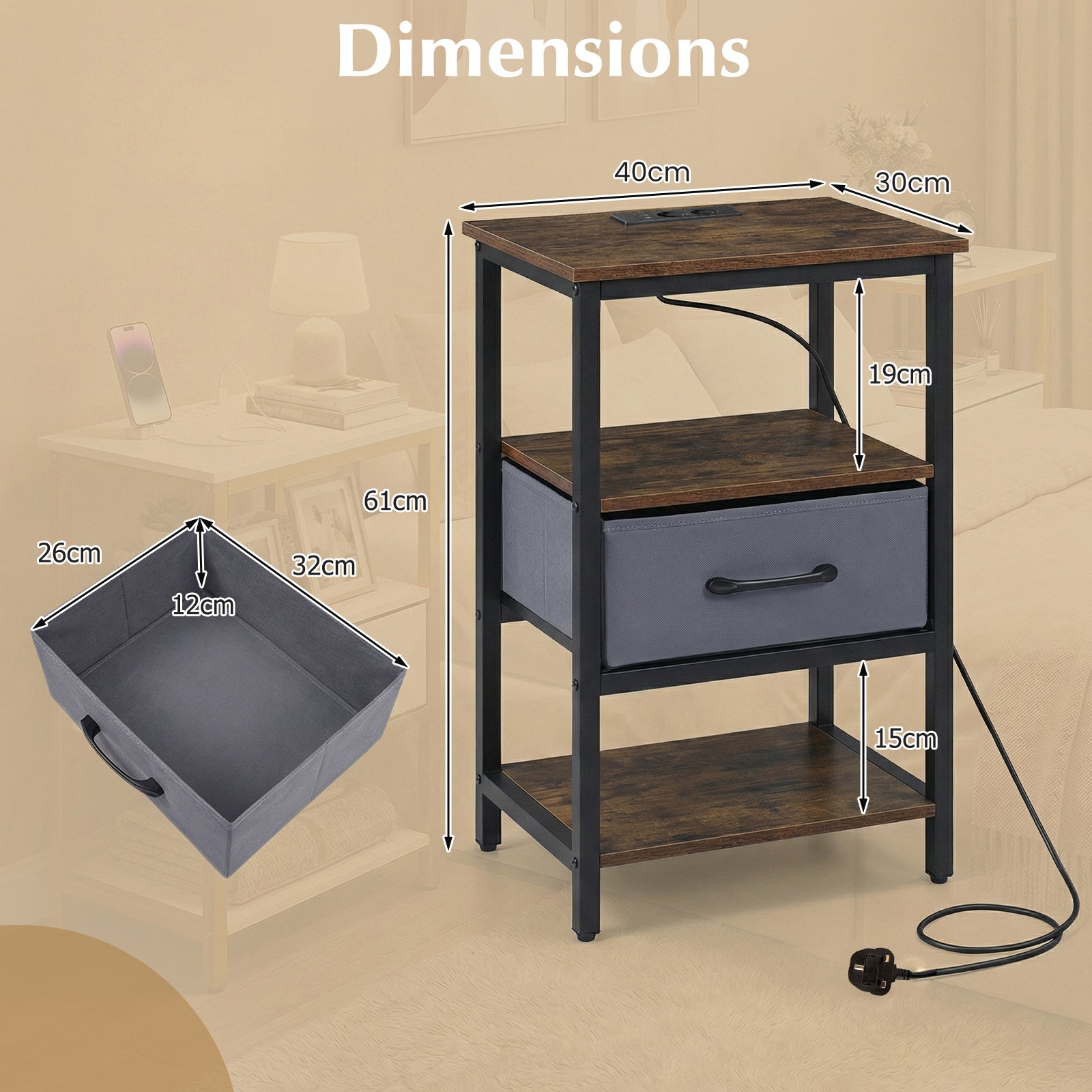 Set of 2 Nightstand Bedside Table with Charging Station and Drawer-Rustic Brown