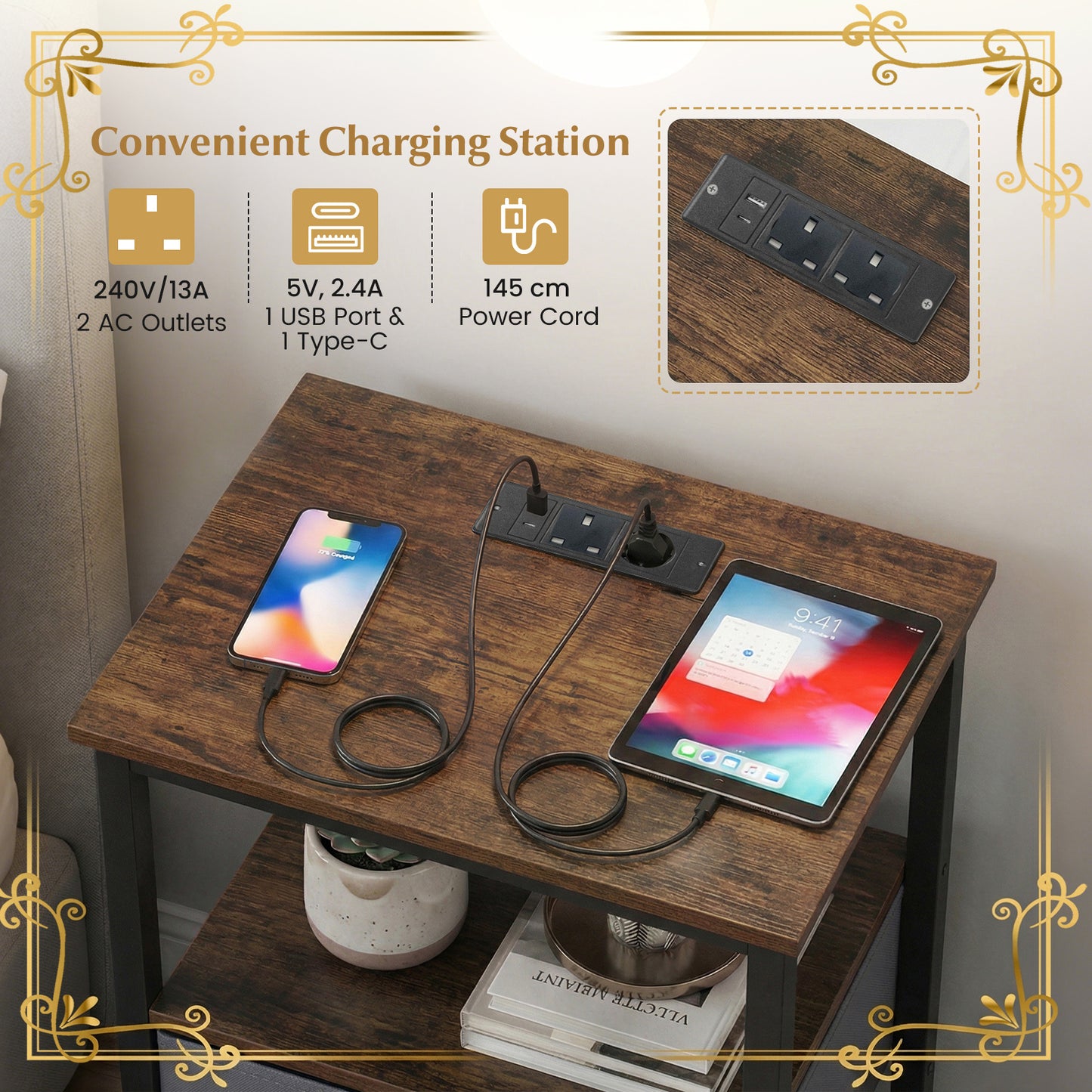 Set of 2 Nightstand Bedside Table with Charging Station and Drawer-Rustic Brown