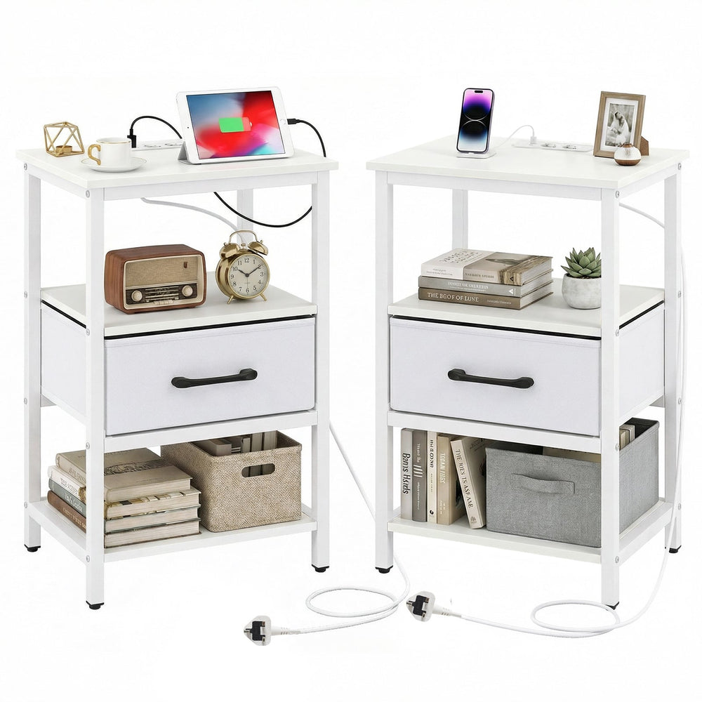 Set of 2 Nightstand Bedside Table with Charging Station and Drawer-White